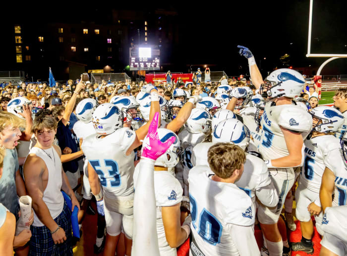 The Vikings celebrate Friday's Almond Bowl victory. Photo: Mark Jones.